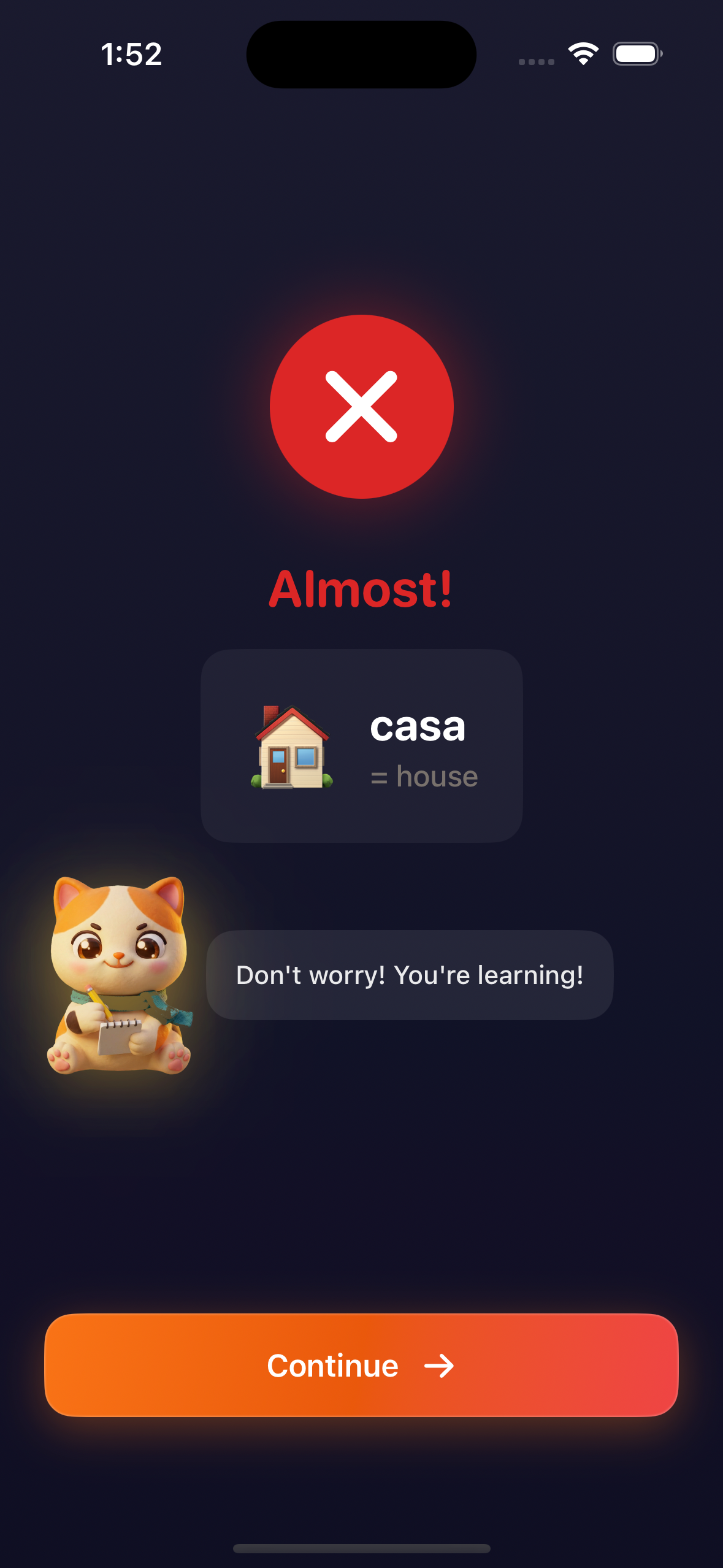 CocoLingo app showing Coco giving encouraging feedback during a conversation